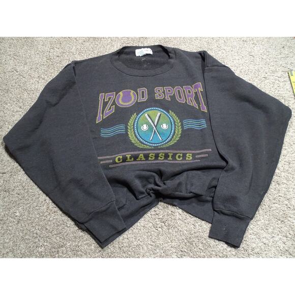 Vintage 90s Izod Sport Classics Faded Black Sweatshirt Large USA Made Crewneck - Picture 1 of 6